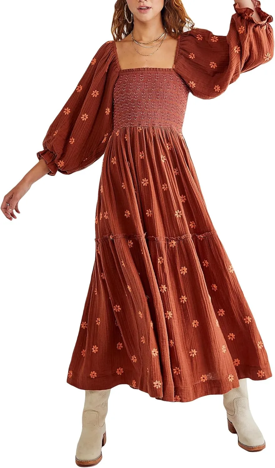Women's Floral Embroidered Maxi Dress Square Neck Boho Flowy Dress Puff Sleeve Smocked Flowy A-line Dress