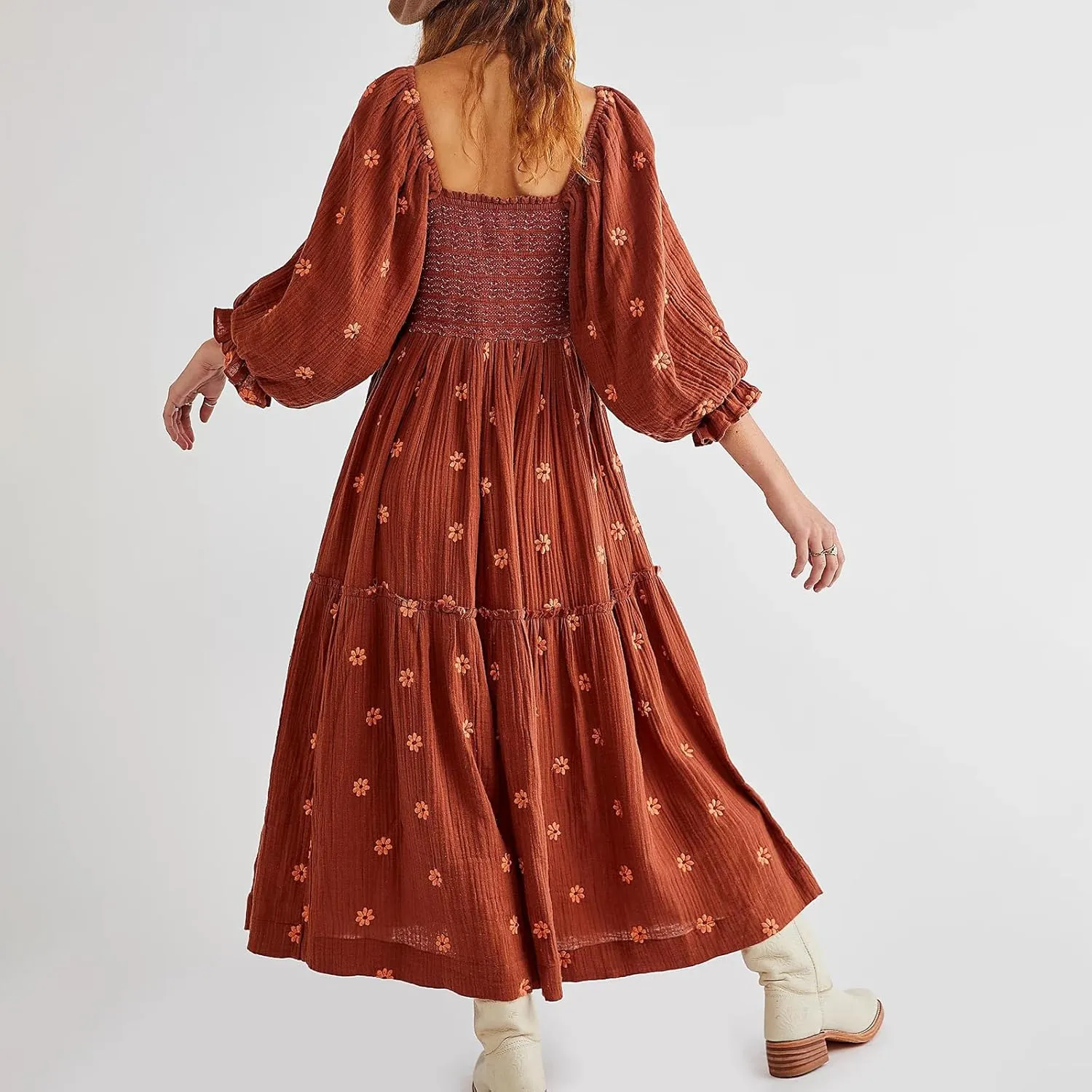 Women's Floral Embroidered Maxi Dress Square Neck Boho Flowy Dress Puff Sleeve Smocked Flowy A-line Dress