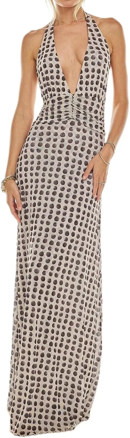 Womens Halter Floral Maxi Dress Deep V Neck Backless Bodycon Long Dresses Y2k Formal Cocktail Going Out Beachwear