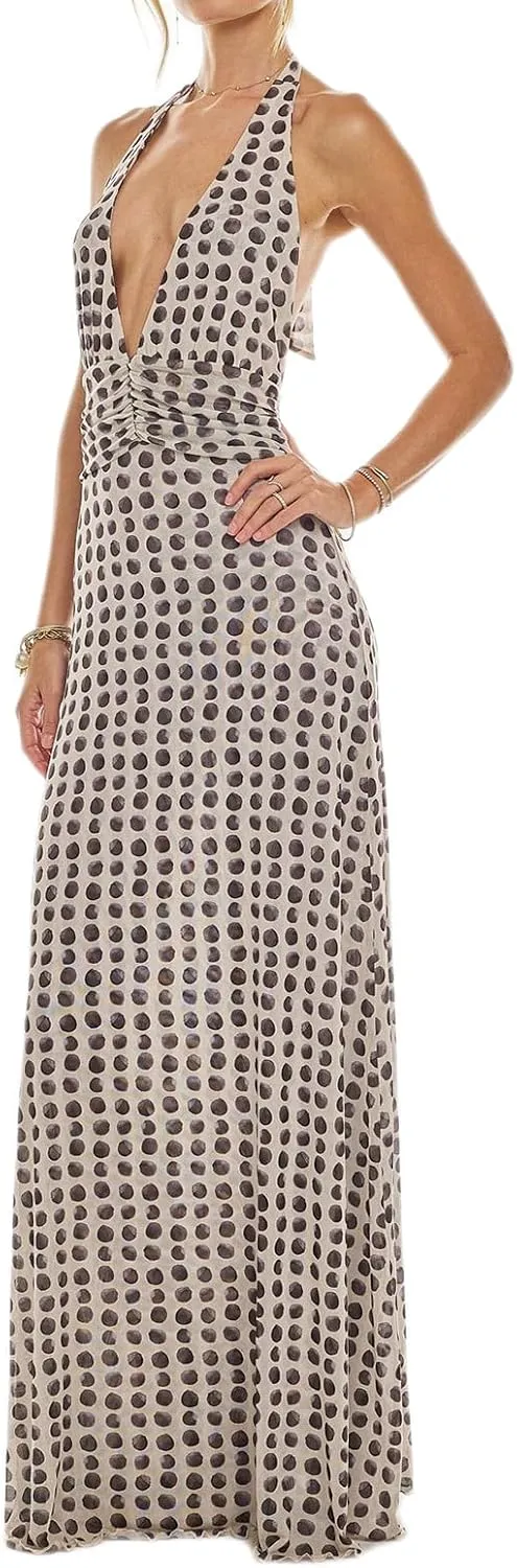 Womens Halter Floral Maxi Dress Deep V Neck Backless Bodycon Long Dresses Y2k Formal Cocktail Going Out Beachwear