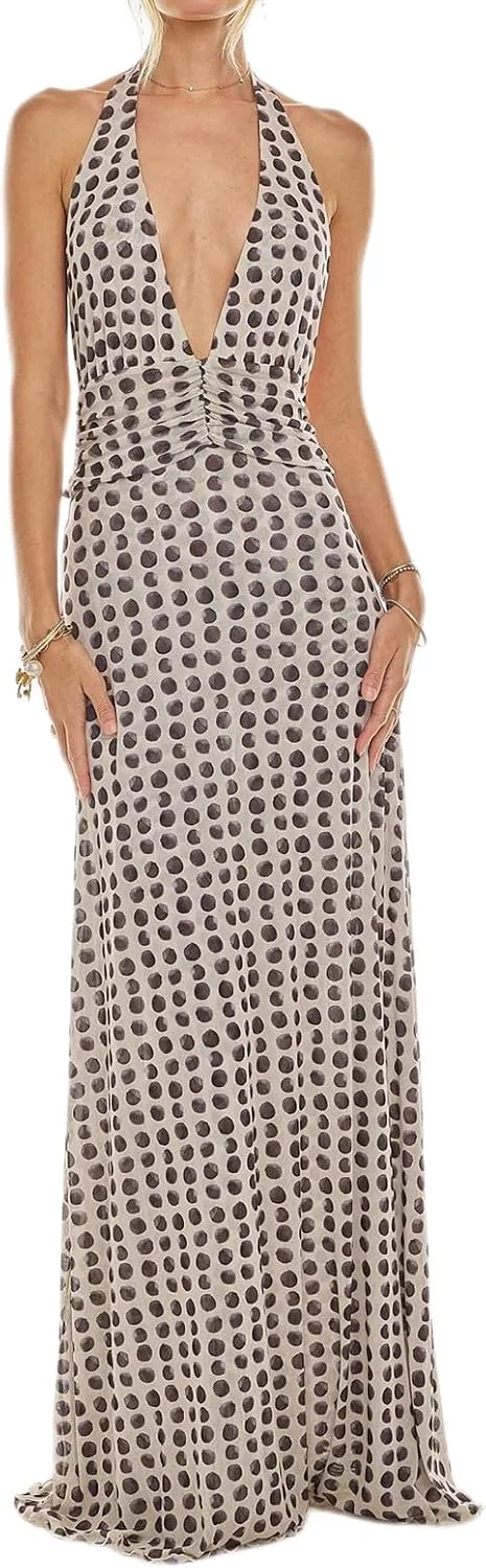 Womens Halter Floral Maxi Dress Deep V Neck Backless Bodycon Long Dresses Y2k Formal Cocktail Going Out Beachwear