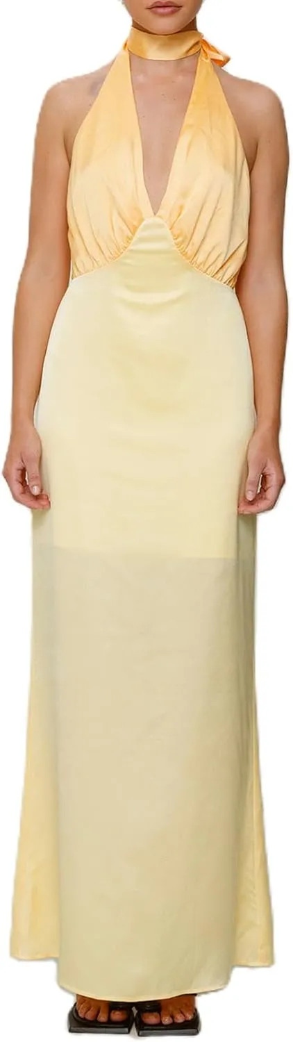 Womens Halter Floral Maxi Dress Deep V Neck Backless Bodycon Long Dresses Y2k Formal Cocktail Going Out Beachwear