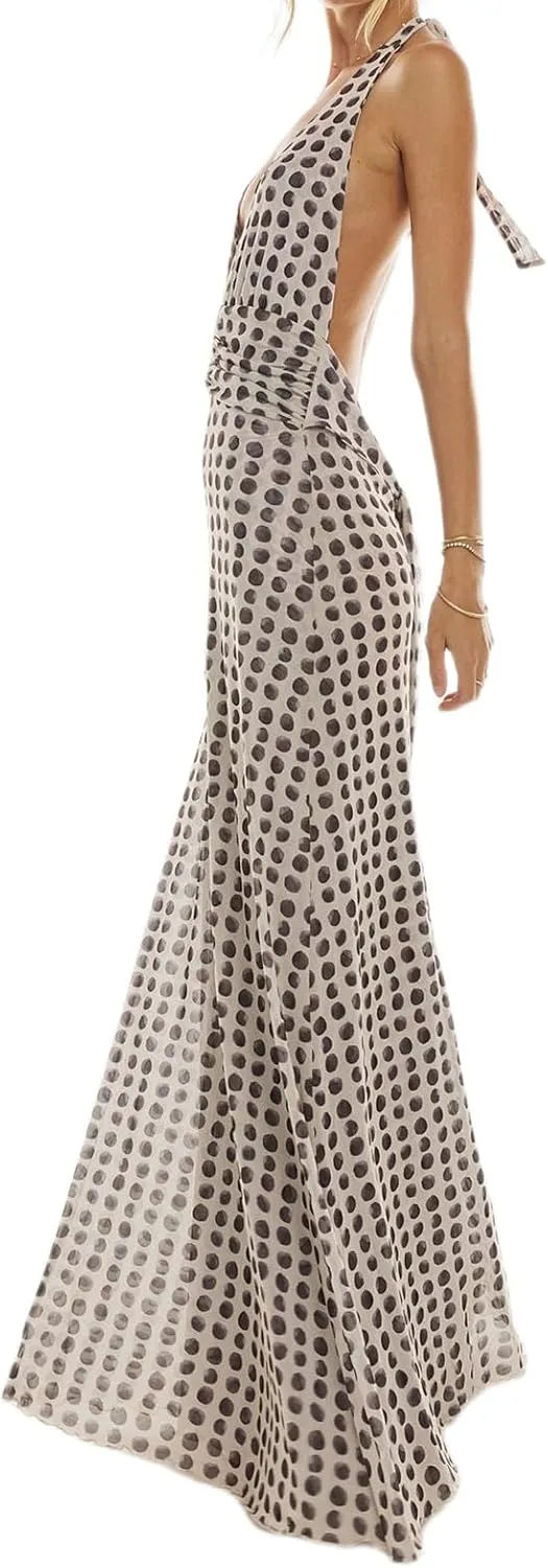 Womens Halter Floral Maxi Dress Deep V Neck Backless Bodycon Long Dresses Y2k Formal Cocktail Going Out Beachwear