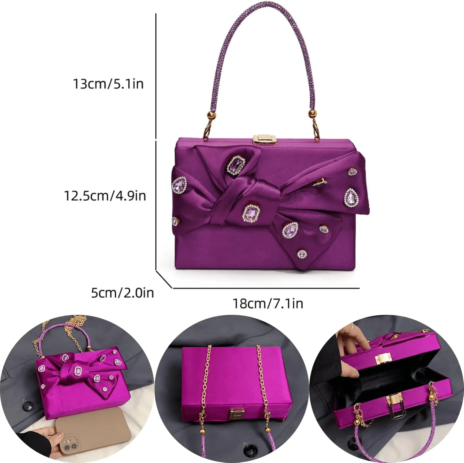 Womens Satin Evening Bag Bow Handbag Purse Party Clutches Wedding Chain Shoulder Cross Body Bag