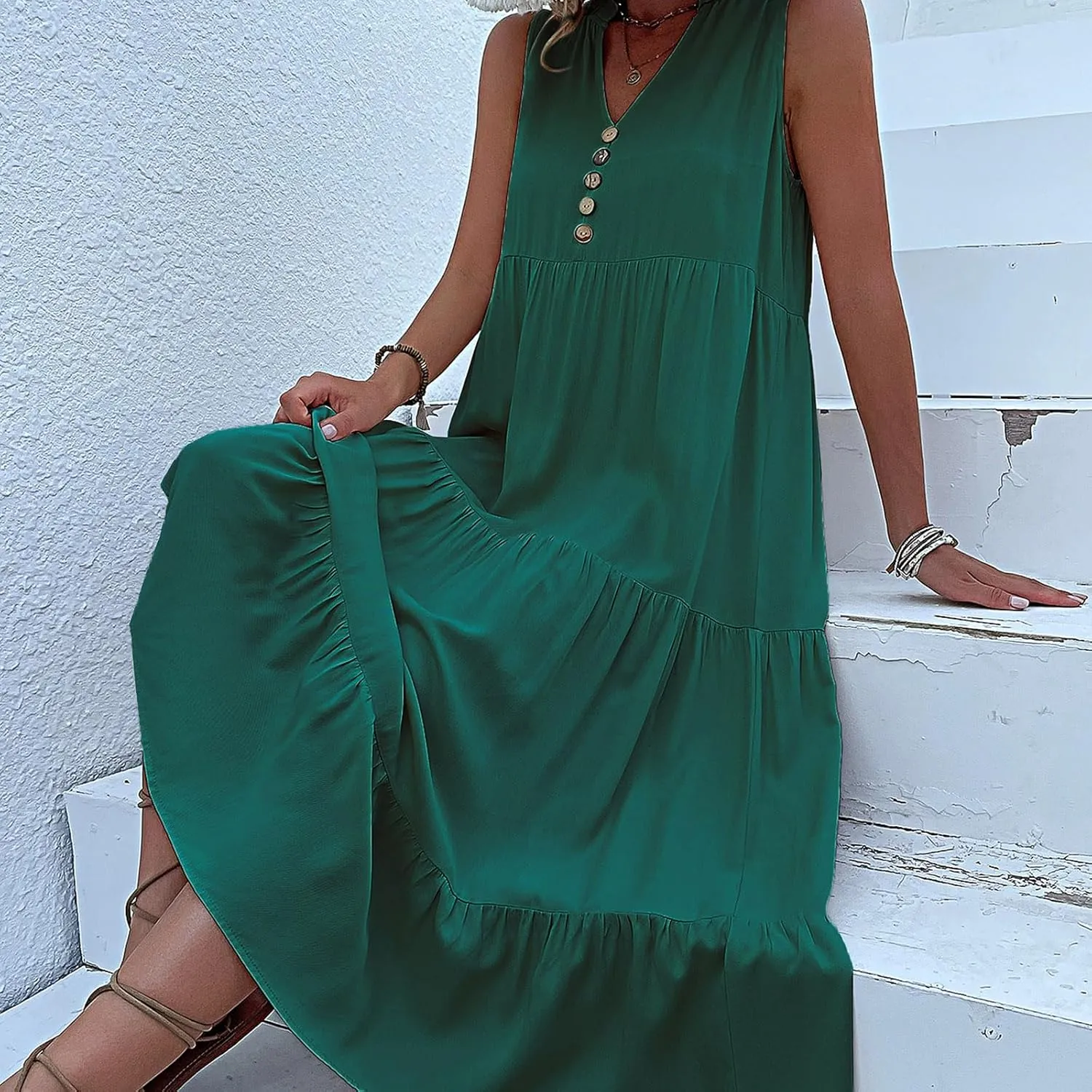 Womens Summer Dress Sleeveless Halter Button Maxi Dress V Neck Multi Loose Casual Midi 2024 Dress