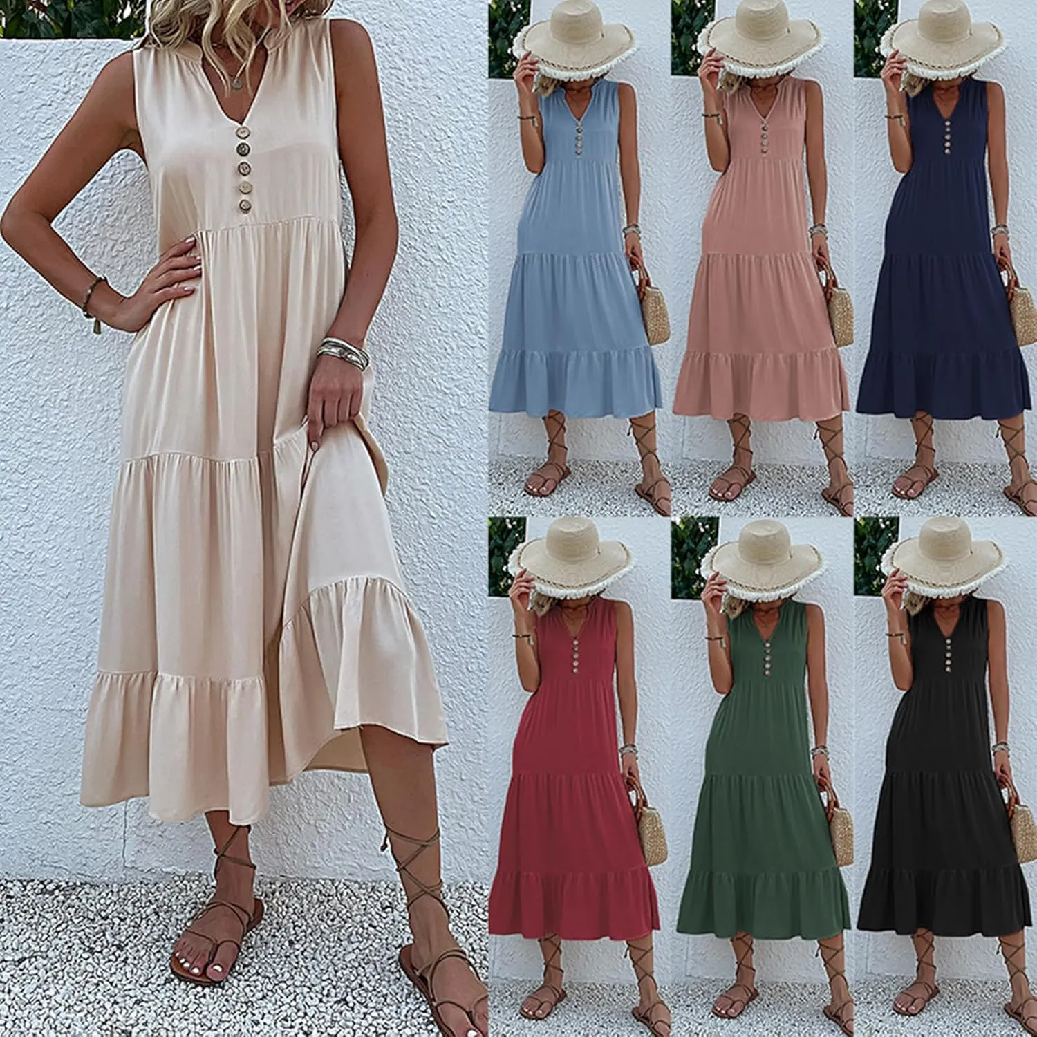 Womens Summer Dress Sleeveless Halter Button Maxi Dress V Neck Multi Loose Casual Midi 2024 Dress