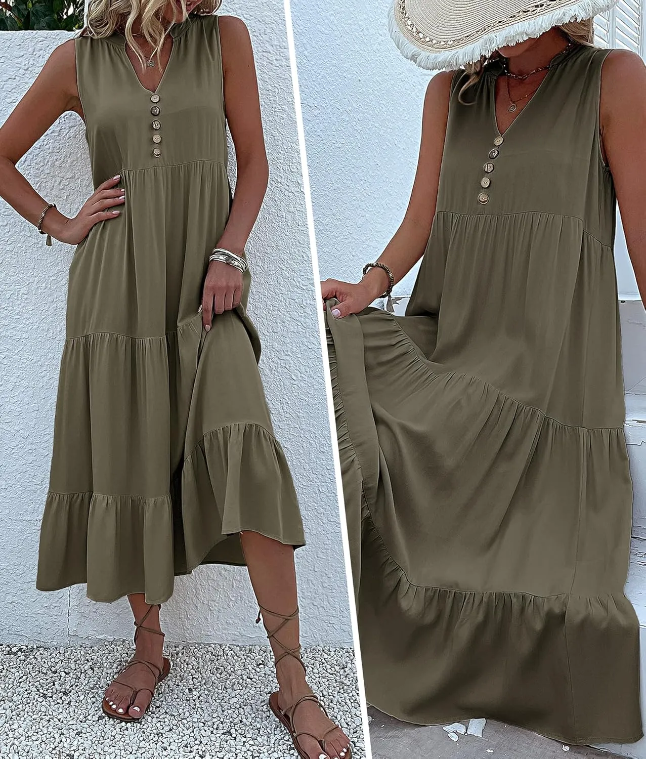 Womens Summer Dress Sleeveless Halter Button Maxi Dress V Neck Multi Loose Casual Midi 2024 Dress