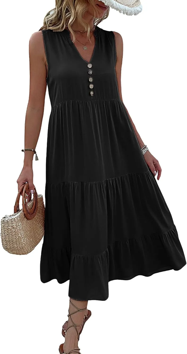 Womens Summer Dress Sleeveless Halter Button Maxi Dress V Neck Multi Loose Casual Midi 2024 Dress