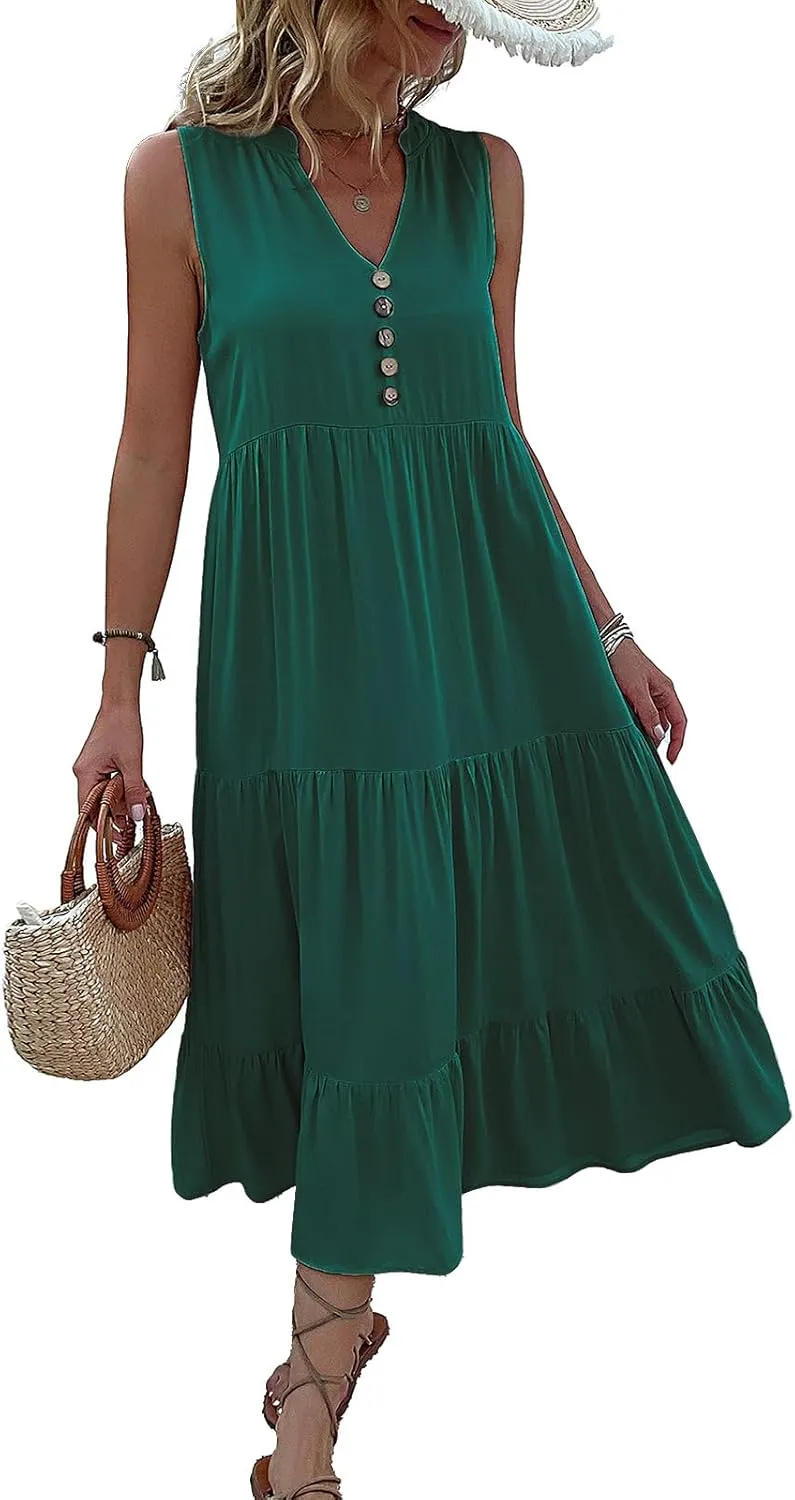 Womens Summer Dress Sleeveless Halter Button Maxi Dress V Neck Multi Loose Casual Midi 2024 Dress