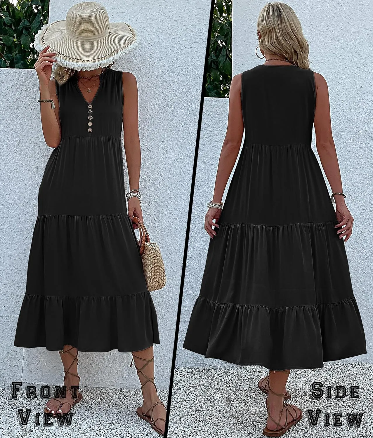 Womens Summer Dress Sleeveless Halter Button Maxi Dress V Neck Multi Loose Casual Midi 2024 Dress