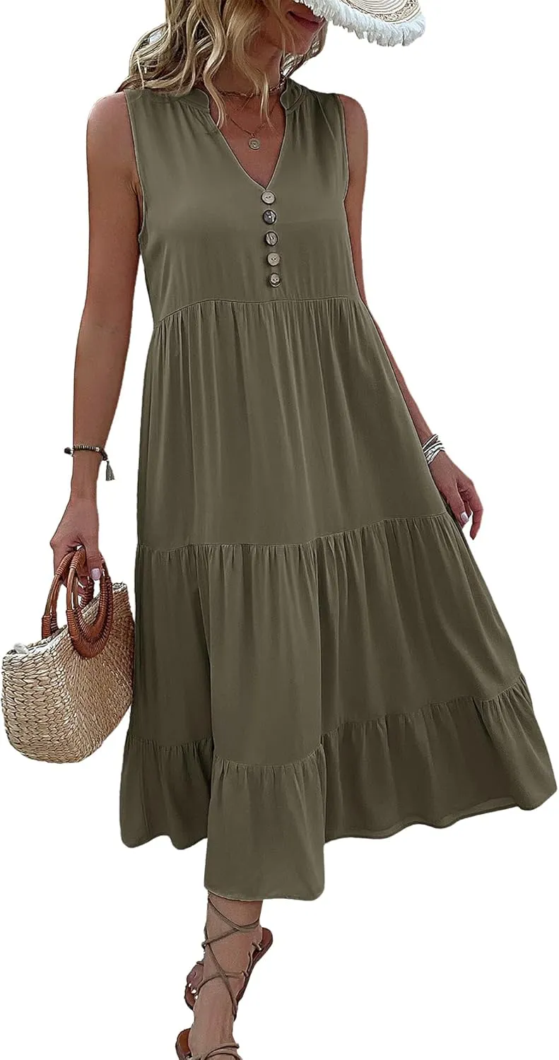 Womens Summer Dress Sleeveless Halter Button Maxi Dress V Neck Multi Loose Casual Midi 2024 Dress