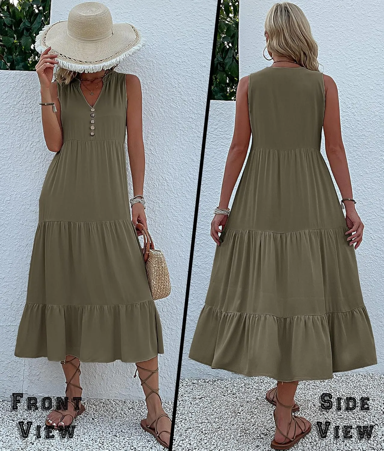 Womens Summer Dress Sleeveless Halter Button Maxi Dress V Neck Multi Loose Casual Midi 2024 Dress