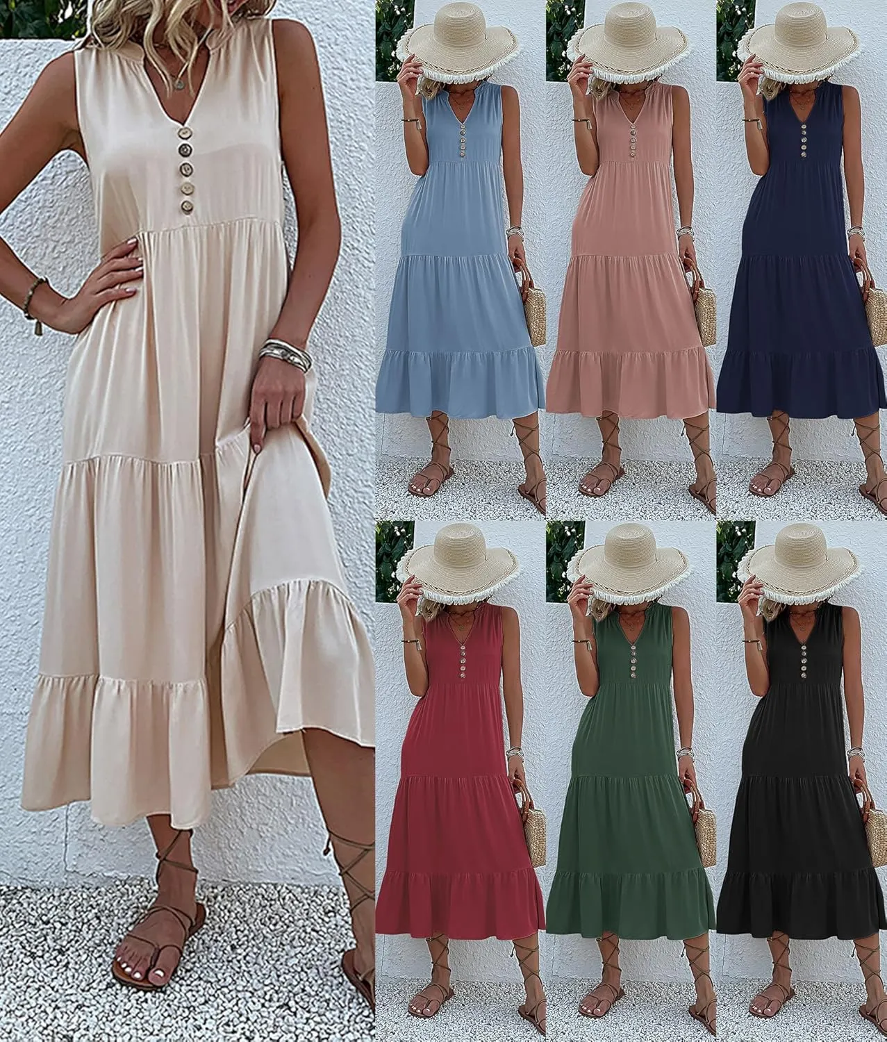 Womens Summer Dress Sleeveless Halter Button Maxi Dress V Neck Multi Loose Casual Midi 2024 Dress