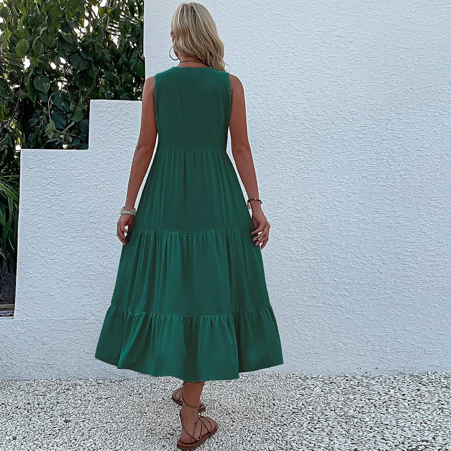 Womens Summer Dress Sleeveless Halter Button Maxi Dress V Neck Multi Loose Casual Midi 2024 Dress