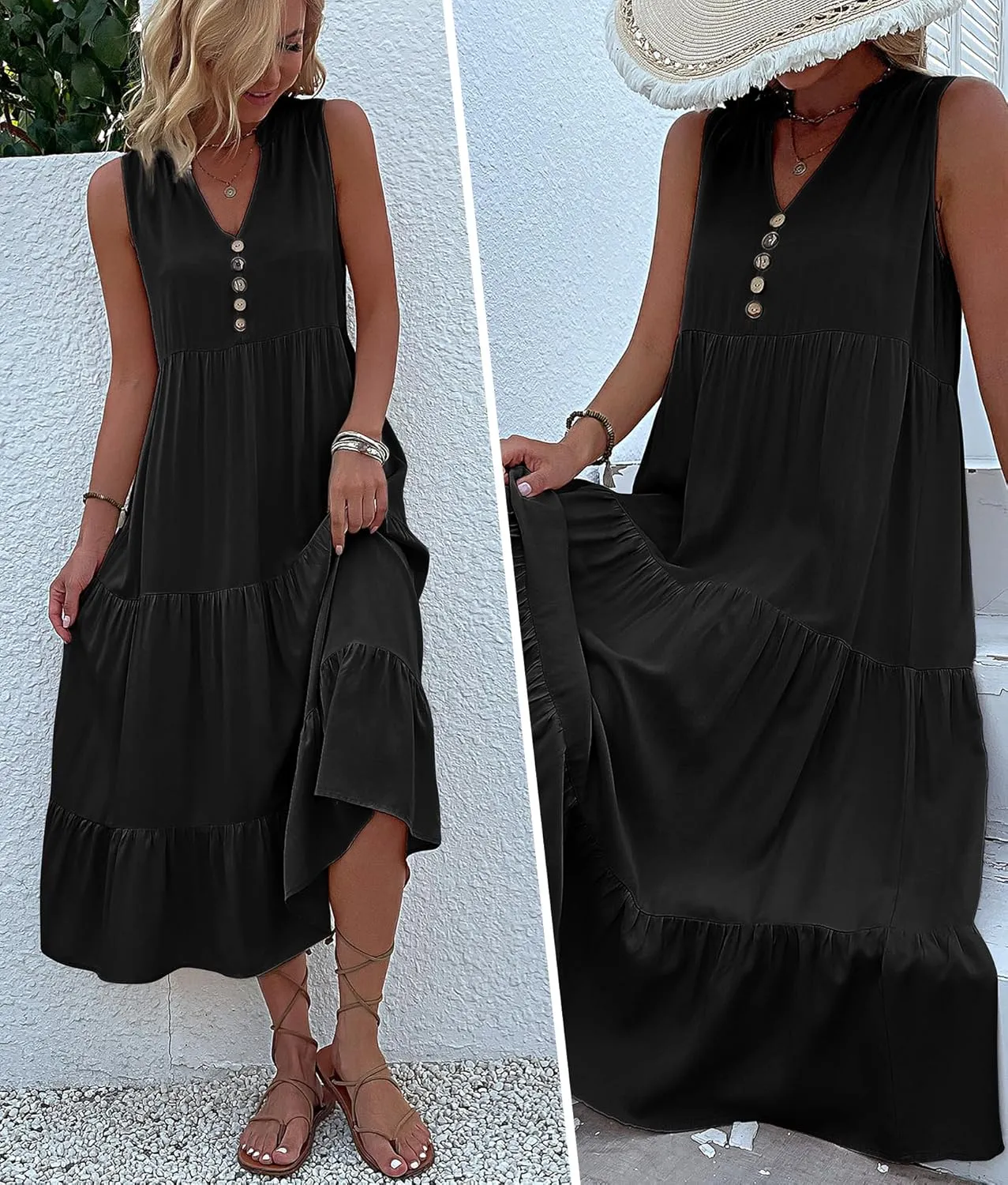Womens Summer Dress Sleeveless Halter Button Maxi Dress V Neck Multi Loose Casual Midi 2024 Dress